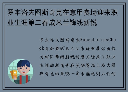 罗本洛夫图斯奇克在意甲赛场迎来职业生涯第二春成米兰锋线新锐